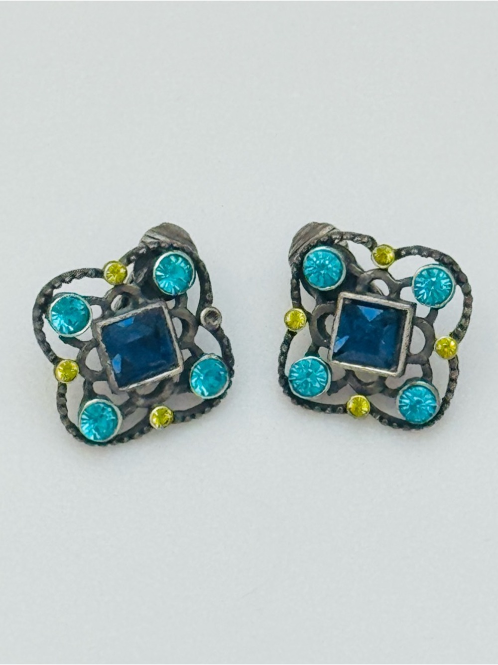 Blue and Teal Crystal Clip On Earrings - Women's Fashion Jewelry